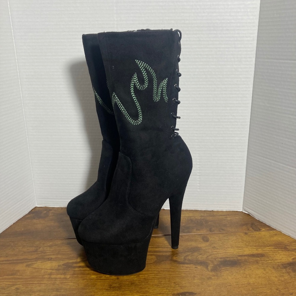 Hella Heels Hellgirls Black Green Flame 7 Inch Platform Pole Boots Womens 7 EU38